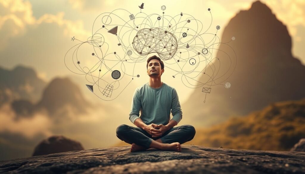 A balancing act between analytical and creative modes, a mind in motion, navigating the ebb and flow of divergent and convergent thinking. In the foreground, a person sits cross-legged, deep in contemplation, their expression serene yet focused. Around them, swirling lines and shapes symbolize the interplay of ideas, the blending of logic and imagination. The background features a dreamlike landscape, a blend of natural and geometric elements, hinting at the harmony that can be found in this delicate equilibrium. Soft, warm lighting casts a gentle glow, evoking a sense of tranquility and discovery. The overall composition conveys the essence of creative problem-solving, where the mind finds balance between expansive exploration and targeted synthesis. A balancing act between analytical and creative modes, a mind in motion, navigating the ebb and flow of divergent and convergent thinking. In the foreground, a person sits cross-legged, deep in contemplation, their expression serene yet focused. Around them, swirling lines and shapes symbolize the interplay of ideas, the blending of logic and imagination. The background features a dreamlike landscape, a blend of natural and geometric elements, hinting at the harmony that can be found in this delicate equilibrium. Soft, warm lighting casts a gentle glow, evoking a sense of tranquility and discovery. The overall composition conveys the essence of creative problem-solving, where the mind finds balance between expansive exploration and targeted synthesis.