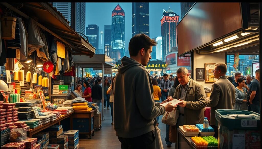 A bustling marketplace with two distinct merchant stalls, one traditional and the other a modern, customer-centric intent merchant. The traditional stall is cluttered, with products haphazardly displayed, while the intent merchant's stall is sleek, organized, and focused on the customer's needs. Soft, warm lighting illuminates the scene, casting a friendly glow. In the background, a vibrant cityscape with towering skyscrapers and a bustling crowd of shoppers. The intent merchant stall features a knowledgeable salesperson engaged with a customer, guiding them through a seamless purchasing experience.