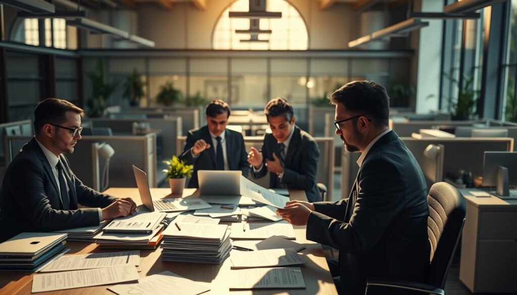 A bustling office scene, where corporate decision-makers pore over business case studies, their attention narrowly focused on the "success stories" that confirm their preconceptions. The foreground features a table cluttered with documents and laptops, casting shadows that suggest an intense, almost interrogative atmosphere. In the middle ground, executives in sharp suits nod in agreement, their expressions revealing a self-assuring certainty. The background, slightly blurred, hints at the broader context - rows of cubicles, potted plants, and a large, imposing window that filters in warm, golden light, creating a sense of exclusivity and detachment from the outside world. The overall mood conveys a subtle yet pervasive bias, where confirmation bias reigns supreme in the pursuit of business success.
