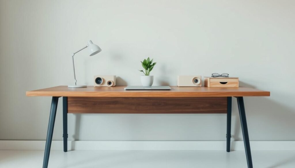 A clean, minimalist workspace with a simple wooden desk, a potted plant, and a pair of geometric desk organizers. The lighting is soft and diffused, creating a calming atmosphere. The background is a muted, neutral-toned wall, allowing the organized desk to be the focal point. The camera angle is slightly elevated, giving a bird's-eye view of the well-ordered setup. The image conveys a sense of efficiency, focus, and a pared-down approach to productivity.