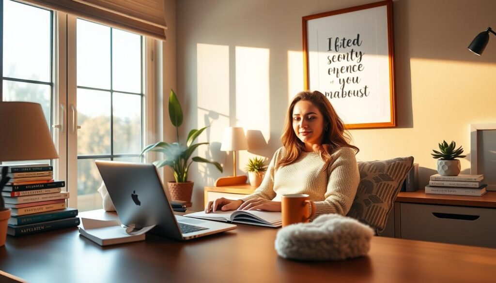 A cozy home office, bathed in warm, natural light filtering through large windows. On the desk, a laptop, a planner, and a motivational quote framed on the wall. Inspirational books and a succulent plant add a touch of greenery. The space exudes a sense of productivity and focus, with subtle hints of personal style - a colorful throw pillow, a mug of steaming tea, and a pair of comfortable slippers. The atmosphere is one of calm determination, as the subject sits surrounded by the tools and reminders they need to stay motivated and on track throughout the week.