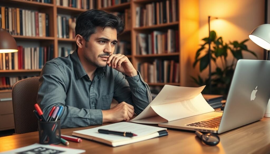 A cozy home office, warm lighting casts a gentle glow. On the desk, a laptop, a notebook, and an array of office supplies - pens, markers, and a magnifying glass. In the background, bookcases filled with knowledge, inspiring the task at hand. A thoughtful expression on the face of the person seated, deeply engaged in researching and testing a potential blogging niche, weighing the options, exploring the possibilities. The atmosphere is one of focused determination, a sense of discovery and careful consideration, as the steps toward a fulfilling, impactful blogging journey are carefully mapped out.