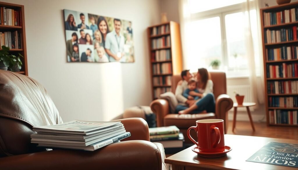 A cozy living room scene, bathed in warm, diffused lighting from a large window. In the foreground, a well-worn leather armchair and an end table with a stack of parenting books, magazines, and a mug of hot tea. In the middle ground, a family photo collage hangs on the wall, capturing candid moments of a loving household. In the background, bookshelves line the walls, filled with titles on child-rearing, family dynamics, and self-help guides. The overall atmosphere is one of comfort, knowledge, and the gentle embrace of a supportive family environment. A cozy living room scene, bathed in warm, diffused lighting from a large window. In the foreground, a well-worn leather armchair and an end table with a stack of parenting books, magazines, and a mug of hot tea. In the middle ground, a family photo collage hangs on the wall, capturing candid moments of a loving household. In the background, bookshelves line the walls, filled with titles on child-rearing, family dynamics, and self-help guides. The overall atmosphere is one of comfort, knowledge, and the gentle embrace of a supportive family environment.