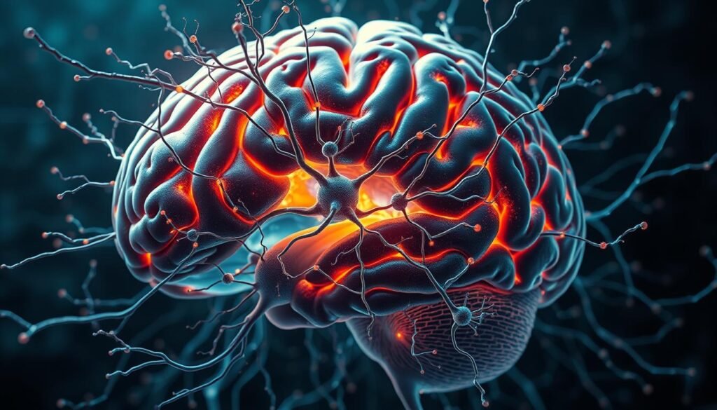 A detailed cross-section of the human brain, illuminating the intricate neural pathways involved in decision-making processes. The frontal lobe, responsible for executive functions, is prominently featured, surrounded by a vibrant web of interconnected neurons firing in synchrony. The limbic system, home to the amygdala and hippocampus, is depicted in warm hues, conveying the emotional and memory-based influences on our choices. Elegant, branching dendrites and axons create a mesmerizing, labyrinthine landscape, captured under soft, directional lighting that casts subtle shadows, heightening the sense of depth and complexity. The overall composition suggests the profound, multifaceted nature of the neuroscience behind human decision-making.