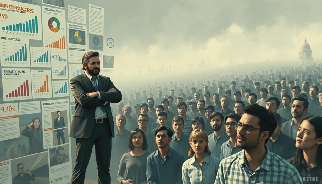 A detailed illustration of statistical fallacies in entrepreneurship success narratives, captured in a stylized digital painting. In the foreground, a confident entrepreneur stands amidst a collage of skewed data visualizations and cherry-picked anecdotes, their success story obfuscating the complex realities of business. The middle ground features a crowd of aspiring entrepreneurs, their faces filled with hope and determination, yet blinded by the selective nature of the narratives they consume. In the background, a hazy landscape of obstacles, failures, and survivorship bias, the true measures of entrepreneurial success obscured by the allure of the "overnight success" myth. The scene is rendered in a muted, contemplative palette, inviting the viewer to critically examine the biases inherent in entrepreneurial success stories.