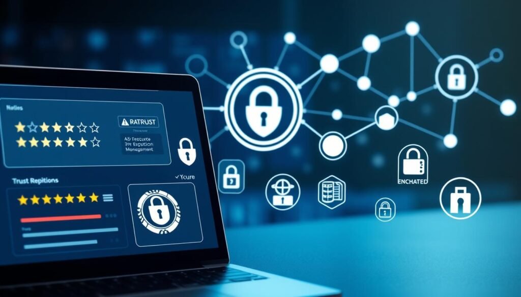 A digital ecosystem of trust signals, showcasing various elements that contribute to online reputation management. In the foreground, a sleek, minimalist interface displays rating systems, reviews, and verification badges. The middle ground features secure transaction symbols, encrypted communication icons, and privacy indicators. In the background, a stylized data network with interconnected nodes represents the underlying infrastructure that powers these trust-building mechanisms. The lighting is soft and ambient, creating a sense of professionalism and reliability. The overall composition conveys a cohesive, trustworthy online presence.