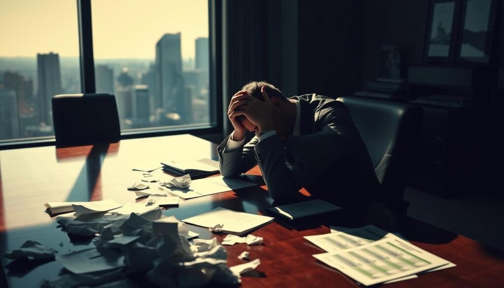 A dimly lit boardroom, a single businessman sits at a mahogany table, head in his hands, surrounded by scattered financial reports and crumpled pages. The lighting casts long shadows, creating a somber atmosphere, as he grapples with the consequences of a failed investment, unable to let go of the sunk cost. In the background, a large window offers a glimpse of a bustling city skyline, a stark contrast to the inward-looking decision-making happening within. The scene conveys a sense of regret, frustration, and the weight of a decision made in haste, now difficult to abandon despite the mounting evidence of its futility.