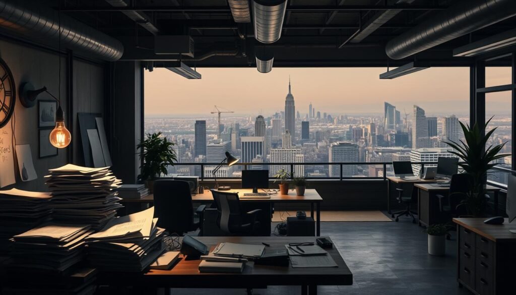 A dimly-lit, industrial-style office space. In the foreground, a cluttered desk symbolizing scarcity - stacks of papers, a worn-out computer, a single light bulb casting a harsh glow. In the middle ground, a spacious, well-lit area with ample desk space, modern equipment, and potted plants, representing abundance. The background is a panoramic view of a bustling city skyline, hinting at the contrast between limited resources and boundless opportunities in the business world. The overall mood is one of tension and introspection, inviting the viewer to consider the implications of a scarcity-driven versus an abundance-based mindset in an entrepreneurial setting.