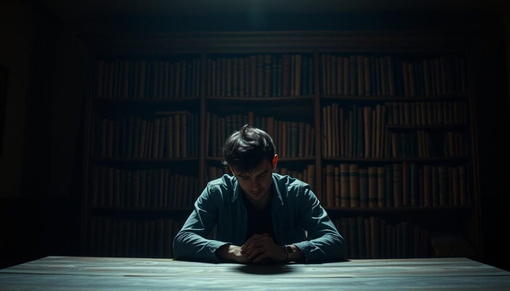 A dimly lit room with a lone figure seated at a desk, lost in thought. The figure's face is obscured, their expression conveying a sense of confusion and uncertainty. Shadows cast across the desk suggest a lack of self-awareness, as if the figure is unaware of their own limitations. In the background, a bookshelf filled with tattered volumes hints at the pursuit of knowledge, yet the figure remains trapped in their own incompetence. The scene is bathed in a warm, subdued light, creating an atmosphere of introspection and a subtle unease. The overall composition suggests the struggle to recognize and overcome one's own unconscious incompetence.