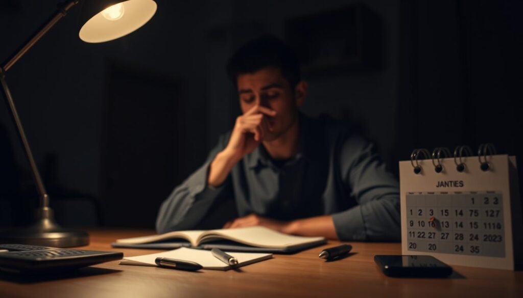 A dimly lit room with a person sitting at a desk, deep in thought. Soft lighting from a desk lamp casts shadows on their face, creating a contemplative mood. In the foreground, various objects symbolize everyday choices - a pen, a notebook, a calendar, a smartphone. The background is blurred, suggesting the person's focus is solely on the decision-making process. The overall atmosphere conveys the psychological impact of status quo bias, with the individual grappling with the weight of their choices and the inertia of familiar routines. A dimly lit room with a person sitting at a desk, deep in thought. Soft lighting from a desk lamp casts shadows on their face, creating a contemplative mood. In the foreground, various objects symbolize everyday choices - a pen, a notebook, a calendar, a smartphone. The background is blurred, suggesting the person's focus is solely on the decision-making process. The overall atmosphere conveys the psychological impact of status quo bias, with the individual grappling with the weight of their choices and the inertia of familiar routines.