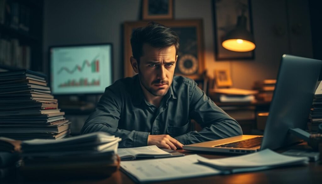 A dimly lit study, a cluttered desk with stacks of books and documents, a laptop open displaying complex financial charts. In the foreground, a troubled-looking individual, a portrait of intelligence and diligence, yet surrounded by the trappings of wealth mismanaged. The background fades into a blurry haze, symbolizing the disconnect between cognitive prowess and financial wisdom. Soft, warm lighting casts shadows, creating a contemplative, almost melancholic atmosphere. The scene conveys the paradox of the "Intelligence Paradox in Personal Finance" - a mind capable of great things, yet struggling with the fundamentals of money management.