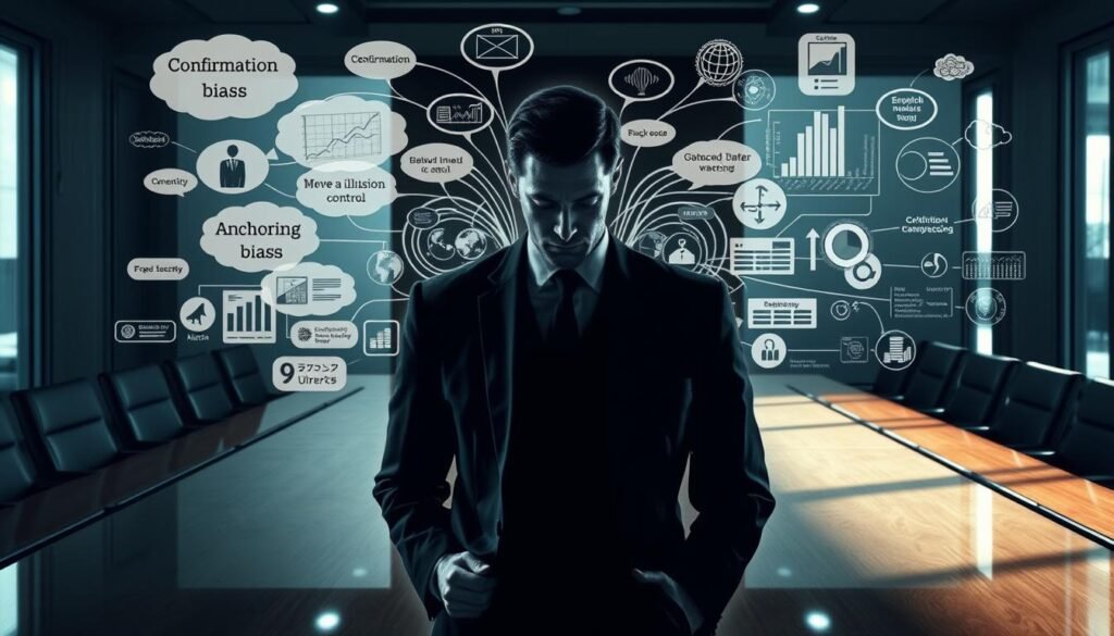 A dramatic and insightful visualization of strategic leadership cognitive biases in decision-making. In the foreground, a pensive executive in a formal suit stands at a gleaming boardroom table, brow furrowed in concentration. Surrounding them, a swirling vortex of thought bubbles depicting common biases like confirmation bias, anchoring, and the illusion of control. The middle ground reveals a tangled web of complex data visualizations and analytical models, hinting at the cognitive challenges of high-stakes decision-making. In the background, a dimly lit office environment with floor-to-ceiling windows, conveying a sense of gravitas and high-stakes consequences. Dramatic low-angle lighting casts dramatic shadows, evoking a serious, cerebral mood. A dramatic and insightful visualization of strategic leadership cognitive biases in decision-making. In the foreground, a pensive executive in a formal suit stands at a gleaming boardroom table, brow furrowed in concentration. Surrounding them, a swirling vortex of thought bubbles depicting common biases like confirmation bias, anchoring, and the illusion of control. The middle ground reveals a tangled web of complex data visualizations and analytical models, hinting at the cognitive challenges of high-stakes decision-making. In the background, a dimly lit office environment with floor-to-ceiling windows, conveying a sense of gravitas and high-stakes consequences. Dramatic low-angle lighting casts dramatic shadows, evoking a serious, cerebral mood.