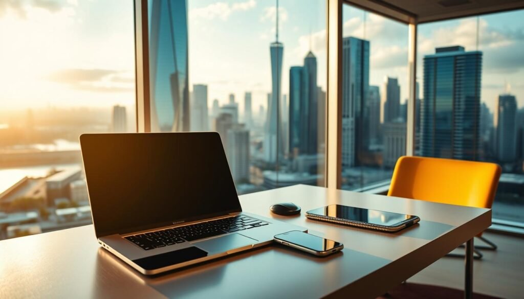 A dynamic workspace with a laptop, smartphone, and tablet arranged on a sleek desk, bathed in warm, natural lighting filtering through large windows. In the background, a city skyline with towering high-rises and bustling streets, symbolizing the global reach of remote digital work opportunities. The scene conveys a sense of flexibility, productivity, and the ability to thrive in the modern, interconnected digital economy. The overall mood is one of boundless potential and professional empowerment. A dynamic workspace with a laptop, smartphone, and tablet arranged on a sleek desk, bathed in warm, natural lighting filtering through large windows. In the background, a city skyline with towering high-rises and bustling streets, symbolizing the global reach of remote digital work opportunities. The scene conveys a sense of flexibility, productivity, and the ability to thrive in the modern, interconnected digital economy. The overall mood is one of boundless potential and professional empowerment.