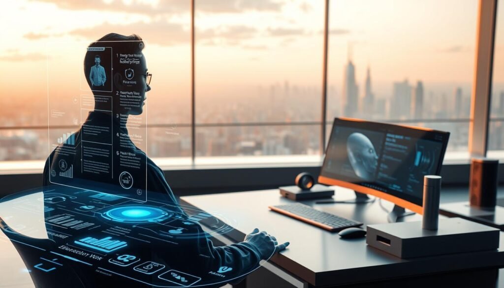 A futuristic scene showcasing the evolution of productivity. In the foreground, a holographic interface with seamlessly integrated virtual assistants and task management tools. The middle ground features a sleek, minimalist workspace with advanced tech peripherals. In the background, a panoramic view of a futuristic cityscape, hinting at the interconnectedness of work and life. Warm, diffused lighting casts a sense of effortless productivity, while a color palette of blues, greys, and metallic accents evokes a modern, innovative atmosphere. Emphasis on the harmonious integration of technology and human capability, shaping the "Rule of Three" for the productivity of tomorrow.