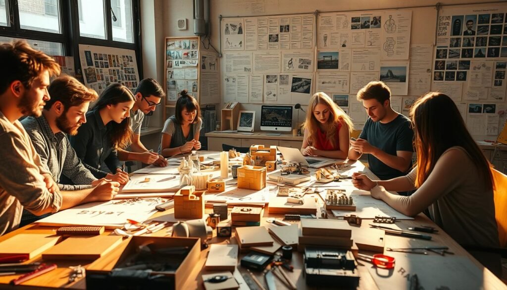 A group of artists and designers engaged in a collaborative brainstorming session, exploring the concept of "creative constraint techniques" through a series of sketches, models, and prototypes. The scene is illuminated by warm, natural lighting filtering through large windows, casting soft shadows across the workspace. In the foreground, various materials and tools are meticulously arranged, hinting at the creative process at hand. The middle ground features the participants, their faces thoughtful and focused, as they experiment with different approaches to problem-solving. The background showcases an array of inspirational imagery, mind maps, and visual references pinned to the walls, creating a dynamic and visually stimulating environment. A group of artists and designers engaged in a collaborative brainstorming session, exploring the concept of "creative constraint techniques" through a series of sketches, models, and prototypes. The scene is illuminated by warm, natural lighting filtering through large windows, casting soft shadows across the workspace. In the foreground, various materials and tools are meticulously arranged, hinting at the creative process at hand. The middle ground features the participants, their faces thoughtful and focused, as they experiment with different approaches to problem-solving. The background showcases an array of inspirational imagery, mind maps, and visual references pinned to the walls, creating a dynamic and visually stimulating environment.