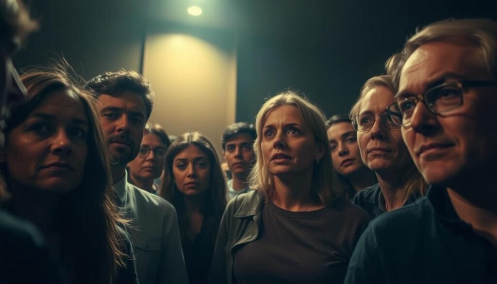 A group of individuals gathered in a dimly lit room, their faces expressing a range of emotions - curiosity, apprehension, and a subtle sense of social pressure. The scene is captured in a cinematic, low-angle perspective, creating a sense of tension and the weight of group dynamics. Warm, muted tones permeate the environment, suggesting a contemplative atmosphere. The figures are positioned in a way that emphasizes their interconnectedness, with subtle gestures and body language hinting at the underlying social influences at play. The lighting casts dramatic shadows, adding depth and a sense of introspection to the scene.