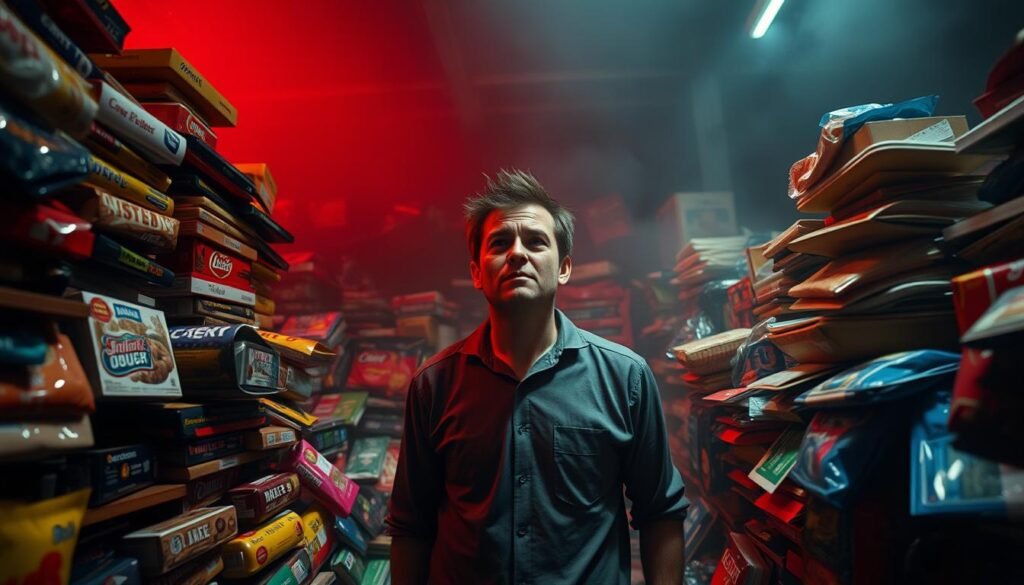 A harried consumer stands in a dimly lit room, surrounded by a towering pile of products. Their expression is one of overwhelming confusion and anxiety, as they struggle to make a decision amidst the choice overload. The scene is captured with a wide-angle lens, emphasizing the consumer's small, isolated figure in the vast sea of options. Harsh, directional lighting casts dramatic shadows, heightening the sense of tension and pressure. The background is hazy and out of focus, further drawing the eye to the central figure and their internal turmoil. An oppressive, claustrophobic atmosphere pervades the image, reflecting the debilitating effects of choice overload on consumer behavior. A harried consumer stands in a dimly lit room, surrounded by a towering pile of products. Their expression is one of overwhelming confusion and anxiety, as they struggle to make a decision amidst the choice overload. The scene is captured with a wide-angle lens, emphasizing the consumer's small, isolated figure in the vast sea of options. Harsh, directional lighting casts dramatic shadows, heightening the sense of tension and pressure. The background is hazy and out of focus, further drawing the eye to the central figure and their internal turmoil. An oppressive, claustrophobic atmosphere pervades the image, reflecting the debilitating effects of choice overload on consumer behavior.