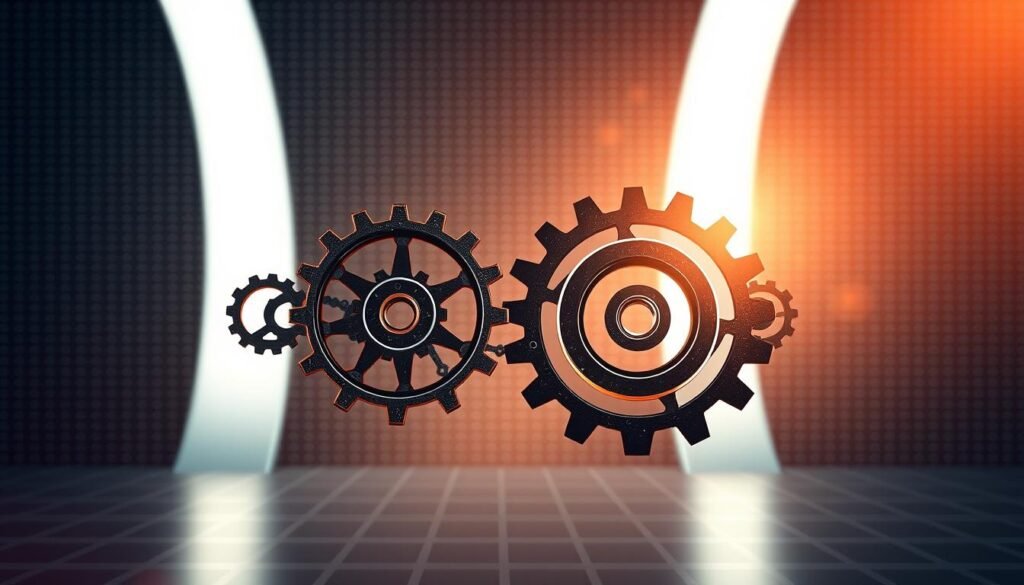 A high-resolution digital illustration depicting the four laws of behaviour change integration strategies. The foreground shows four interconnected gears, each representing one of the four laws: 1) Make it Obvious, 2) Make it Attractive, 3) Make it Easy, 4) Make it Satisfying. The gears are intricately detailed, with intricate cogs and mechanisms. The middle ground features a sleek, minimalist background with a subtle grid pattern, conveying a sense of structure and organization. The lighting is soft and diffused, creating a warm, contemplative atmosphere. The overall composition is balanced and visually striking, highlighting the integration and synergy of the four laws.