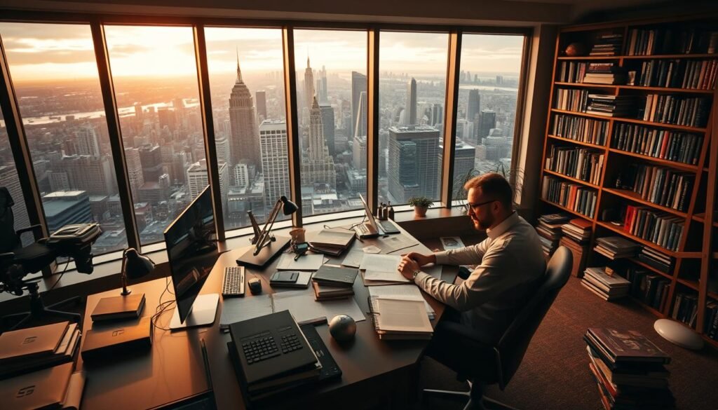 A large, well-equipped home office with a panoramic window overlooking a bustling city skyline. A professional at their desk, deeply engrossed in research and study, surrounded by a wealth of reference materials, books, and digital devices. The lighting is warm and focused, creating a contemplative atmosphere. The desk is organized and efficient, with a sense of purpose and expertise. In the background, a bookshelf filled with industry-relevant volumes, conveying a depth of knowledge and commitment to continuous learning. The overall scene exudes an air of diligence, dedication, and the pursuit of mastery in one's field.