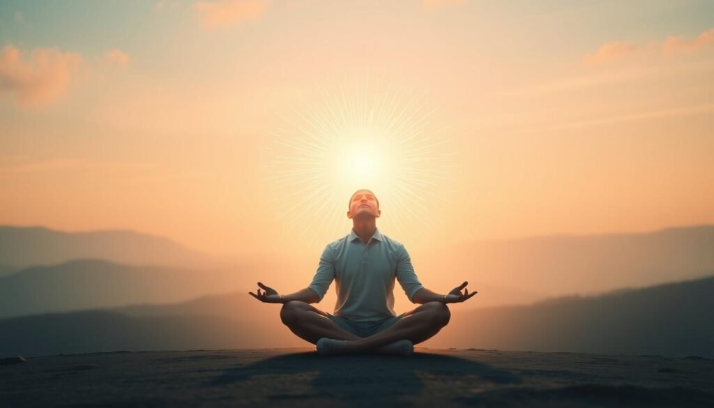 A meditative figure sitting crossed-legged, contemplating a glowing sphere of energy representing their financial identity. The background is a serene, pastel-hued landscape with soft, diffused lighting, creating a sense of introspection and self-reflection. The figure's expression is one of calm concentration, as they delve into the origins and beliefs that have shaped their relationship with money. The composition conveys a sense of balance, harmony, and the journey towards understanding one's financial self. A meditative figure sitting crossed-legged, contemplating a glowing sphere of energy representing their financial identity. The background is a serene, pastel-hued landscape with soft, diffused lighting, creating a sense of introspection and self-reflection. The figure's expression is one of calm concentration, as they delve into the origins and beliefs that have shaped their relationship with money. The composition conveys a sense of balance, harmony, and the journey towards understanding one's financial self.