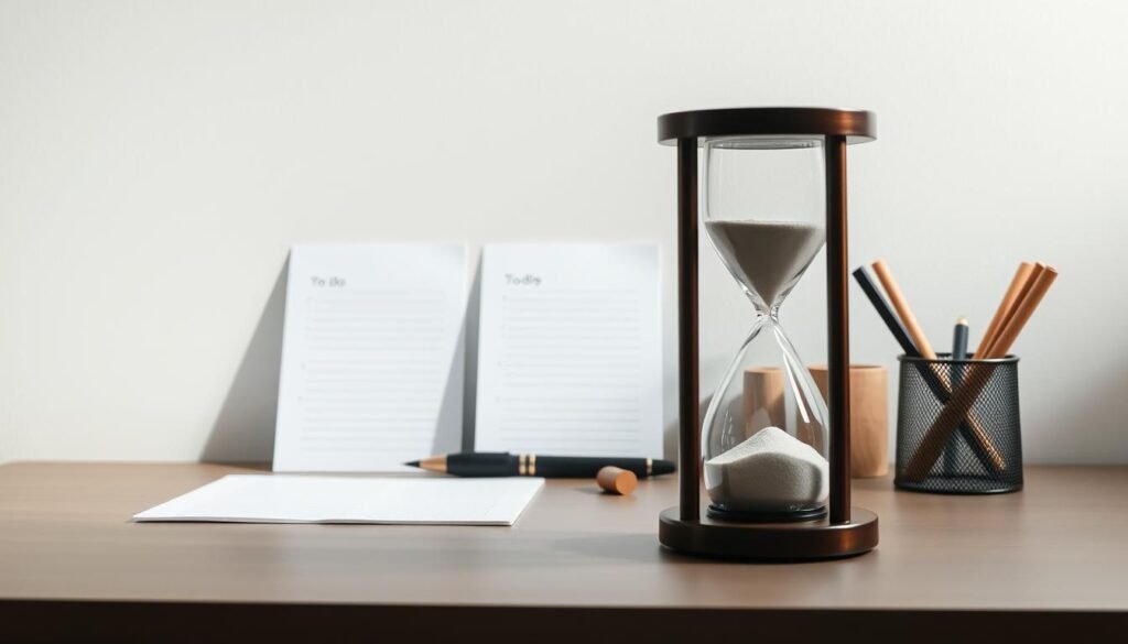 A minimalist desktop with a clean, modern design. In the foreground, a sleek hourglass symbolizes the efficient use of time. In the middle ground, a simple to-do list and a carefully curated set of stationery items suggest a streamlined approach to task management. The background features a soft, neutral-toned gradient, creating a sense of calm and focus. The lighting is natural and diffused, casting a subtle glow on the scene. The overall mood is one of intentionality, organization, and a zen-like approach to productivity.