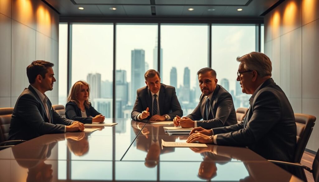 A modern boardroom, bathed in warm, directional lighting. In the foreground, a group of executives engaged in a dynamic discussion, their expressions thoughtful and intense as they navigate the complexities of leadership decision-making. The middle ground showcases a large, polished conference table, its surface reflecting the contemplative mood. In the background, floor-to-ceiling windows offer a glimpse of a bustling city skyline, symbolizing the broader context in which these decisions will shape the organization's future. The atmosphere exudes a sense of gravity and responsibility, as the leaders' influence ripples outward, shaping the trajectory of the enterprise. A modern boardroom, bathed in warm, directional lighting. In the foreground, a group of executives engaged in a dynamic discussion, their expressions thoughtful and intense as they navigate the complexities of leadership decision-making. The middle ground showcases a large, polished conference table, its surface reflecting the contemplative mood. In the background, floor-to-ceiling windows offer a glimpse of a bustling city skyline, symbolizing the broader context in which these decisions will shape the organization's future. The atmosphere exudes a sense of gravity and responsibility, as the leaders' influence ripples outward, shaping the trajectory of the enterprise.