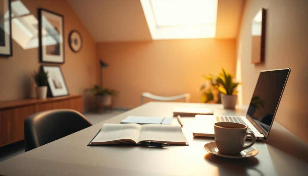 A modern, minimalist home office setting with a clean, well-organized desk. On the desk, an open notebook, a pen, and a cup of coffee sit alongside a laptop and a planner. The room is bathed in warm, natural lighting, perhaps from a large window or skylight, casting a soft, reflective glow. The walls are a neutral, earthy tone, and the decor is simple yet stylish, with a few potted plants or framed artwork adding a touch of warmth. The overall atmosphere is one of focus, clarity, and productivity, inviting the viewer to consider their own personal productivity system and how to optimize it.