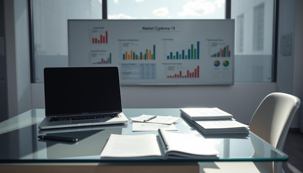 A modern, minimalist office scene. In the foreground, a laptop and various business documents are neatly arranged on a sleek, glass-topped desk. Behind it, a wall-mounted whiteboard displays colorful graphs and charts, visualizing market trends and competitor data. Soft, directional lighting from an unseen source creates a contemplative atmosphere, casting subtle shadows and highlights across the scene. In the background, a panoramic window overlooking a cityscape provides a sense of context, hinting at the broader business landscape being evaluated. The overall composition conveys a thoughtful, analytical approach to assessing the competitive environment within a chosen niche.