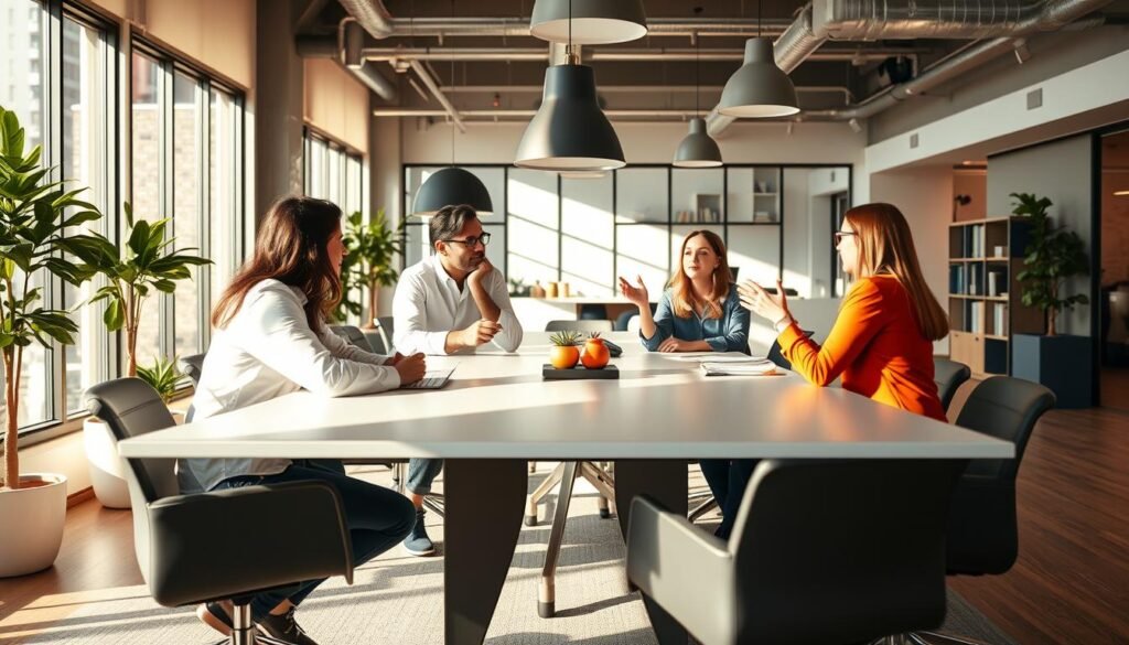 A modern open-office setting with a team of professionals collaborating around a sleek conference table. Three team members are engaged in a lively discussion, gesturing animatedly. The lighting is warm and natural, filtering through large windows. The space is designed with clean lines, minimal decor, and pops of color in accessories. A sense of productivity and unity permeates the scene, reflecting how the Rule of Three can be seamlessly incorporated into team workflows for enhanced collaboration and efficiency.