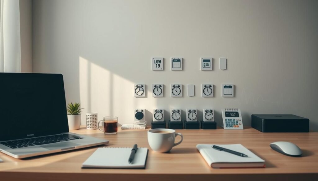 A neatly organized workspace with a minimalist desktop, strategically placed objects representing a daily routine optimization process. The foreground features a laptop, notebook, and a cup of coffee, symbolizing productivity and focus. The middle ground showcases a meticulously arranged set of icons, timers, and calendars, indicating a habit stacking system. In the background, a neutral-toned wall provides a calming, distraction-free environment, illuminated by soft, natural lighting from a window. The overall atmosphere conveys a sense of order, efficiency, and a well-crafted personal workflow.