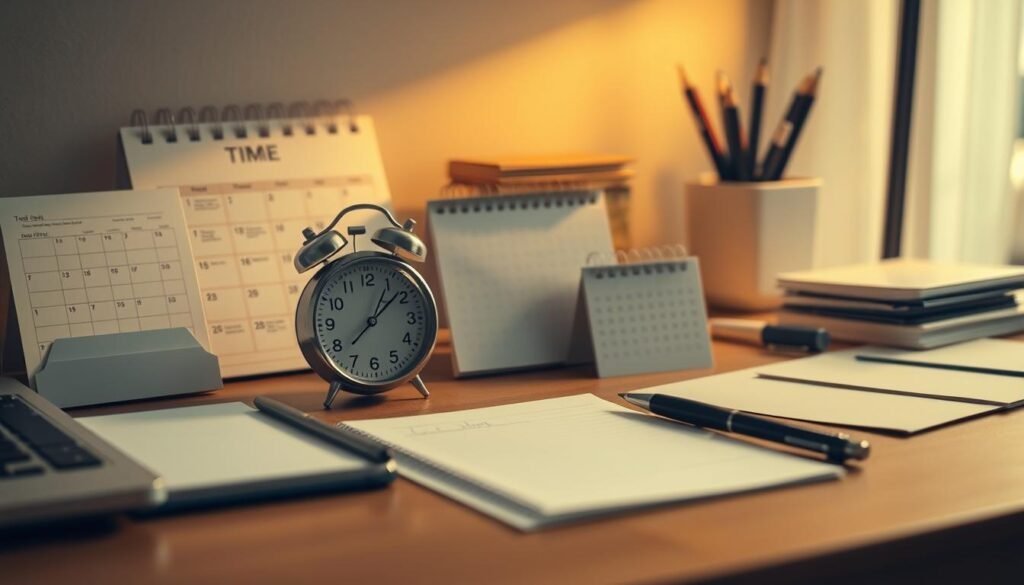 A neatly organized workspace with an array of productivity tools - a timer, a calendar, a to-do list, and a pen. Soft, warm lighting illuminates the scene, creating a focused, contemplative atmosphere. The scene is captured from a slightly elevated angle, allowing the viewer to survey the full spread of items on the desk. The background is blurred, keeping the attention on the central tableau of productivity aids. The overall mood is one of purposeful efficiency, with a sense of calm control over time management.