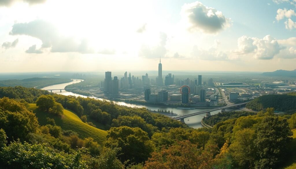 A panoramic scene depicting an abundance mentality visualization. In the foreground, a lush, verdant landscape with rolling hills, vibrant foliage, and a sparkling river winding through. In the middle ground, a thriving metropolis with towering skyscrapers, bustling streets, and a sense of boundless opportunity. In the background, a vast, open sky with fluffy white clouds, illuminated by warm, golden sunlight casting a radiant glow over the entire scene. The overall atmosphere conveys a feeling of endless possibilities, growth, and a belief in the abundance of resources and success. The image is captured with a wide-angle lens, creating a sense of expansiveness and opportunity recognition.