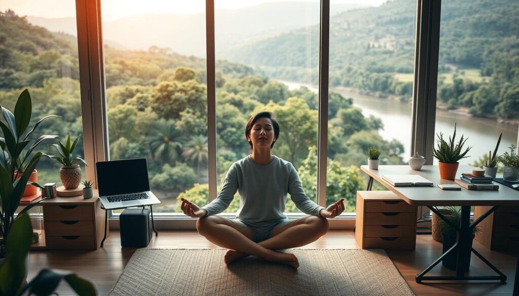 A peaceful, harmonious scene depicting mindful productivity approaches for sustainable work-life balance. In the foreground, a person sits cross-legged in a meditation pose, eyes closed, exuding a sense of calm and focus. The middle ground features a well-organized desk with a laptop, plants, and minimal, elegant office supplies, suggesting a thoughtful, minimalist workspace. The background depicts a serene natural landscape, with lush greenery, a tranquil river, and a warm, diffused lighting that creates a soothing, contemplative atmosphere. The overall image conveys a balance between professional engagement and personal wellbeing, highlighting the importance of mindfulness and intentional work habits for a sustainable, fulfilling lifestyle.