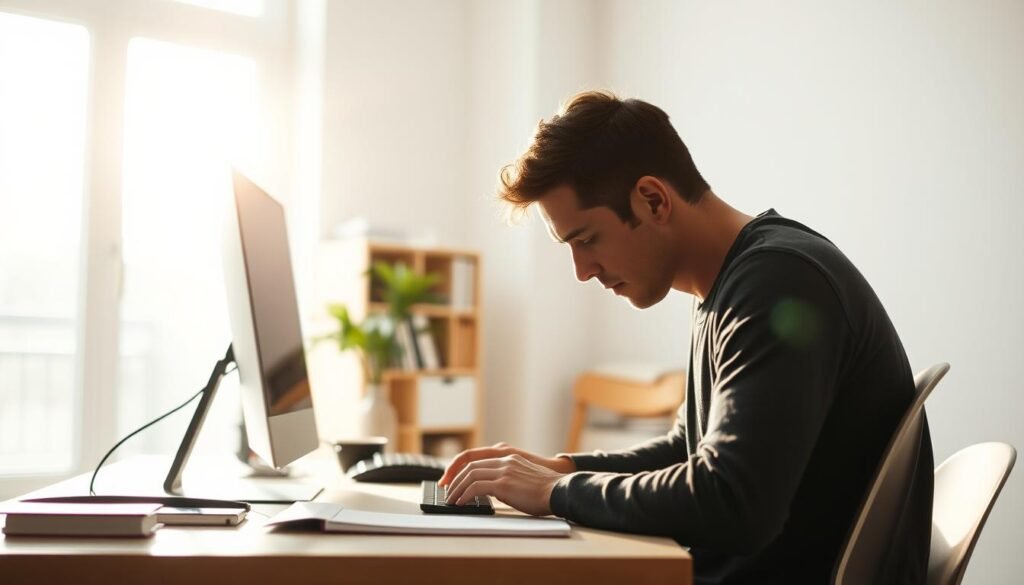 A person deeply immersed in their work, sitting at a minimalist desk in a well-lit, airy room. The sunlight streams through a large window, casting a warm glow on the scene. The individual is leaning forward, brows furrowed in concentration, fingers dancing across a keyboard. Their workspace is meticulously organized, with only the essential tools and materials within reach. The background is blurred, keeping the focus on the subject's intense, laser-like attention. The overall atmosphere conveys a sense of calm, focused determination - the embodiment of the &amp;amp;quot;deep work&amp;amp;quot; philosophy.