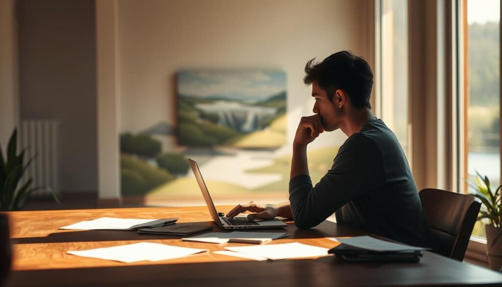 A serene, contemplative scene depicting the interconnection between deep work and creativity. In the foreground, a person sits at a wooden desk, lost in focused thought, a laptop and scattered notes before them. Soft, warm lighting illuminates the scene, casting gentle shadows. In the middle ground, an artistic mural or painting emerges, hinting at the creative insights born from the deep work process. The background features a tranquil, nature-inspired landscape, with lush greenery and a calming body of water, symbolizing the rejuvenation that follows periods of intense mental focus. The overall mood is one of harmony, balance, and the synergy between disciplined concentration and imaginative expression.