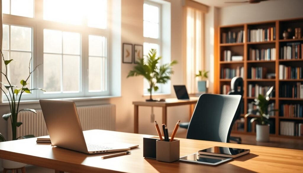 A serene home office, bathed in warm, natural light streaming through large windows. In the foreground, a minimalist but elegant desk with a sleek, modern laptop, a neatly arranged stationery set, and a potted plant adding a touch of greenery. The middle ground features a comfortable, ergonomic office chair and a digital tablet, symbolizing the seamless integration of analog and digital productivity tools. In the background, bookshelves line the walls, hinting at a wealth of knowledge and resources to support the user's personal operating system. The overall atmosphere exudes focus, organization, and a sense of control over one's digital environment.