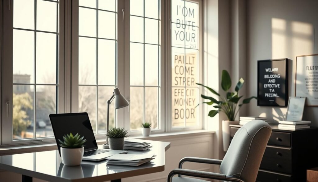 A serene, minimalist home office with large windows allowing natural light to flood the space. On the desk, a laptop, a succulent plant, and a few carefully arranged financial documents. The walls are adorned with framed motivational quotes about wealth-building and smart money management. A plush, neutral-colored chair invites the viewer to sit and contemplate their financial goals. The overall atmosphere exudes a sense of calm, focus, and intentionality, conveying the mindset of an individual dedicated to cultivating financial well-being.