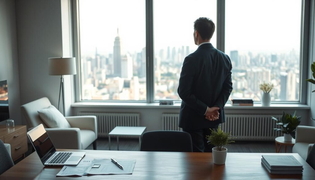 A serene, softly-lit office scene with a thoughtful individual standing before a large window, gazing out at a picturesque cityscape. The person is dressed in professional attire, deep in contemplation, their hands clasped behind their back. Surrounding them, the room is tastefully decorated with minimalist furniture and accents, creating a calming, yet aspirational atmosphere. In the foreground, a neatly organized desk with a laptop, some financial documents, and a small potted plant, suggesting a focus on long-term planning and goal-setting. The overall mood is one of quiet introspection, with the cityscape in the background conveying a sense of possibility and the future. A serene, softly-lit office scene with a thoughtful individual standing before a large window, gazing out at a picturesque cityscape. The person is dressed in professional attire, deep in contemplation, their hands clasped behind their back. Surrounding them, the room is tastefully decorated with minimalist furniture and accents, creating a calming, yet aspirational atmosphere. In the foreground, a neatly organized desk with a laptop, some financial documents, and a small potted plant, suggesting a focus on long-term planning and goal-setting. The overall mood is one of quiet introspection, with the cityscape in the background conveying a sense of possibility and the future.