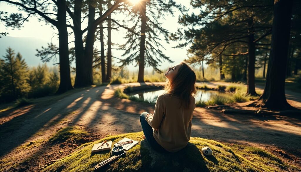 A serene, sun-dappled forest clearing, with a winding path leading to a tranquil pond. In the foreground, a person sits cross-legged on a rock, eyes closed in contemplation, the gentle breeze ruffling their hair. Behind them, various symbols of self-discovery - a compass, a journal, and a small stone with the yin-yang symbol - rest on the mossy ground. The middle ground features towering trees, their canopies filtering the warm light and casting soft shadows. In the background, a hazy, dreamlike horizon suggests a world of infinite possibilities. The overall mood is one of introspection, self-discovery, and a sense of finding one's true path in life.