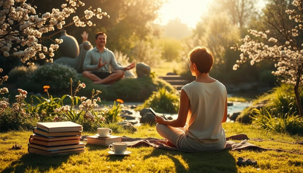 A serene, sun-dappled scene of a person engaged in a series of personal growth habits. In the foreground, they sit cross-legged, a stack of books and a cup of tea at their side, deep in contemplation. In the middle ground, they transition between yoga poses, finding balance and inner peace. In the background, a lush garden with blooming flowers and a babbling brook, evoking a sense of tranquility and connection with nature. Soft, warm lighting casts a gentle glow, and the camera angle is slightly elevated, giving a sense of perspective and growth. The overall atmosphere is one of mindfulness, progress, and a journey of self-improvement through habit stacking.