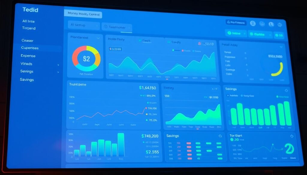A sleek and modern dashboard displaying a comprehensive money management tracking system. Detailed graphs and charts showcase cash flow, income, expenses, and savings over time. The user interface features clean lines, minimalist design, and intuitive navigation. Vibrant colors, including shades of blue and green, create a sense of control and financial well-being. Subtle lighting casts a warm glow, highlighting the system's features and making the data visually appealing. The overall impression is one of a powerful yet user-friendly tool that empowers individuals to manage their finances effectively.