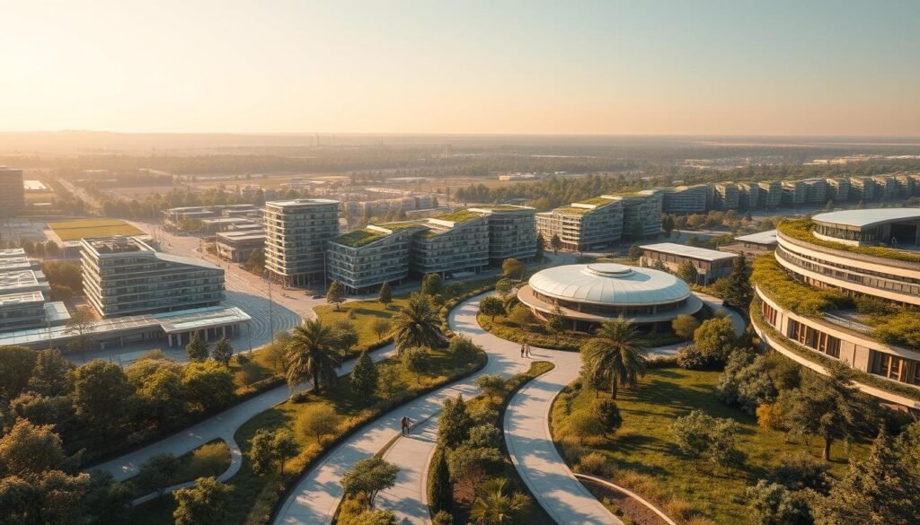 A sprawling eco-friendly cityscape bathed in soft, golden light, showcasing innovative architectural designs that seamlessly integrate with the natural environment. In the foreground, a series of pedestrian-friendly pathways and green spaces encourage mindful walking and connection with nature. The middle ground features modern, energy-efficient buildings with abundant vegetation and renewable energy sources, while the background depicts a serene, tree-lined horizon. The overall atmosphere conveys a sense of balance, harmony, and the empowering influence of thoughtful environmental design on human behavior and decision-making.