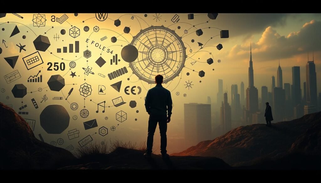 A surreal and thought-provoking illustration of behavioral economics and financial psychology concepts. In the foreground, a person stands transfixed, surrounded by a whirlwind of geometric shapes, symbols, and abstract patterns - a visualization of the cognitive biases and heuristics that influence our financial decision-making. In the middle ground, a complex web of interconnected financial instruments and charts, representing the intricate systems that shape the markets. In the distant background, a dreamlike landscape of towering skyscrapers and shadowy figures, conveying the larger societal and economic forces at play. The scene is bathed in a warm, almost nostalgic light, creating a sense of contemplation and introspection. Subtle hints of color and texture add depth and emotional resonance to the image.