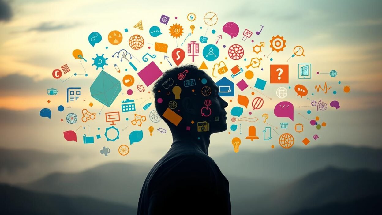 A thought-provoking scene depicting the principles of cognitive psychology. In the foreground, a human figure appears deep in contemplation, surrounded by a swirling array of colorful mental shortcuts and cognitive biases. Geometric shapes, symbols, and icons representing different heuristics and cognitive biases fill the middle ground, creating a visually engaging and abstract composition. The background features a softly blurred, dreamlike landscape, suggesting the subconscious and intuitive nature of these psychological processes. The lighting is subdued, creating a pensive, introspective atmosphere. The overall composition invites the viewer to delve into the workings of the human mind and the powerful yet sometimes misleading mental shortcuts that shape our perceptions and decision-making.
