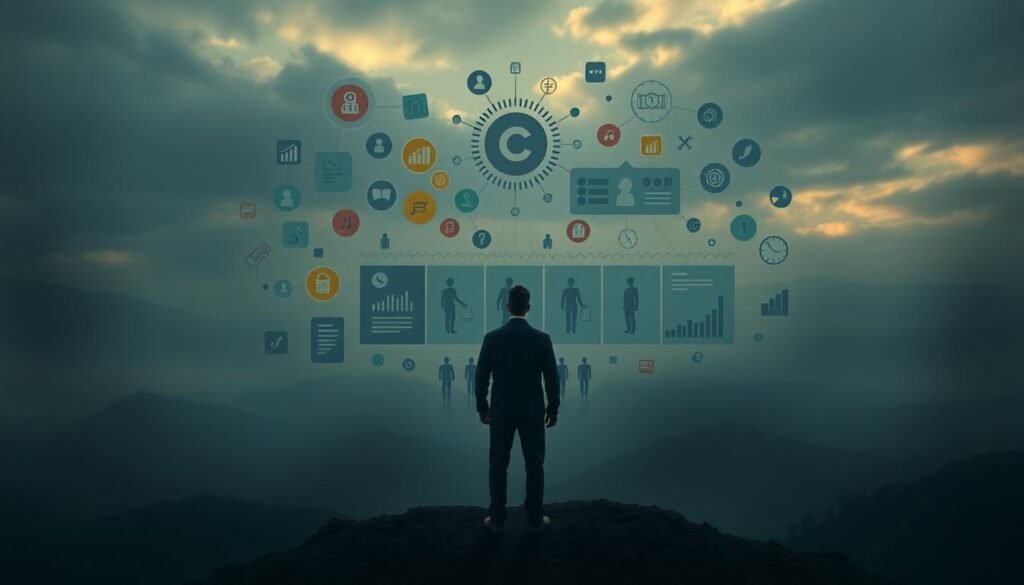 A tightly-composed scene depicting the interplay between anchoring bias and confirmation bias in decision-making. In the foreground, a central figure is surrounded by a kaleidoscope of visual cues - abstract shapes, icons, and data visualizations - representing the distorting effects of these cognitive biases. The middle ground features a series of decision-making scenarios playing out, each influenced by the biases at work. The background is a moody, atmospheric landscape evoking the complex, often subconscious nature of these psychological phenomena. Soft, directional lighting casts dramatic shadows, heightening the sense of depth and introspection. The overall tone is one of contemplation, inviting the viewer to examine the subtle ways in which our minds can unwittingly shape the choices we make. A tightly-composed scene depicting the interplay between anchoring bias and confirmation bias in decision-making. In the foreground, a central figure is surrounded by a kaleidoscope of visual cues - abstract shapes, icons, and data visualizations - representing the distorting effects of these cognitive biases. The middle ground features a series of decision-making scenarios playing out, each influenced by the biases at work. The background is a moody, atmospheric landscape evoking the complex, often subconscious nature of these psychological phenomena. Soft, directional lighting casts dramatic shadows, heightening the sense of depth and introspection. The overall tone is one of contemplation, inviting the viewer to examine the subtle ways in which our minds can unwittingly shape the choices we make.