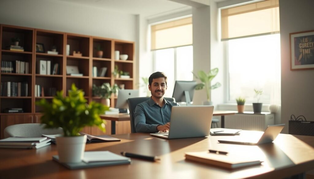 A tranquil office scene, bathed in soft natural light filtering through large windows. In the foreground, a desk neatly arranged with stationery, a laptop, and a potted plant, symbolizing a harmonious work environment. In the middle ground, a person sitting at the desk, face relaxed and focused, engaged in their task, conveying a sense of occupational alignment and workplace satisfaction. The background features tasteful decor, such as shelves of books and framed artwork, creating a visually appealing and professional setting. The overall atmosphere is one of calm, productivity, and a feeling of being in the right place, reflecting the concept of "Career Clarity: Finding Your Right Work".