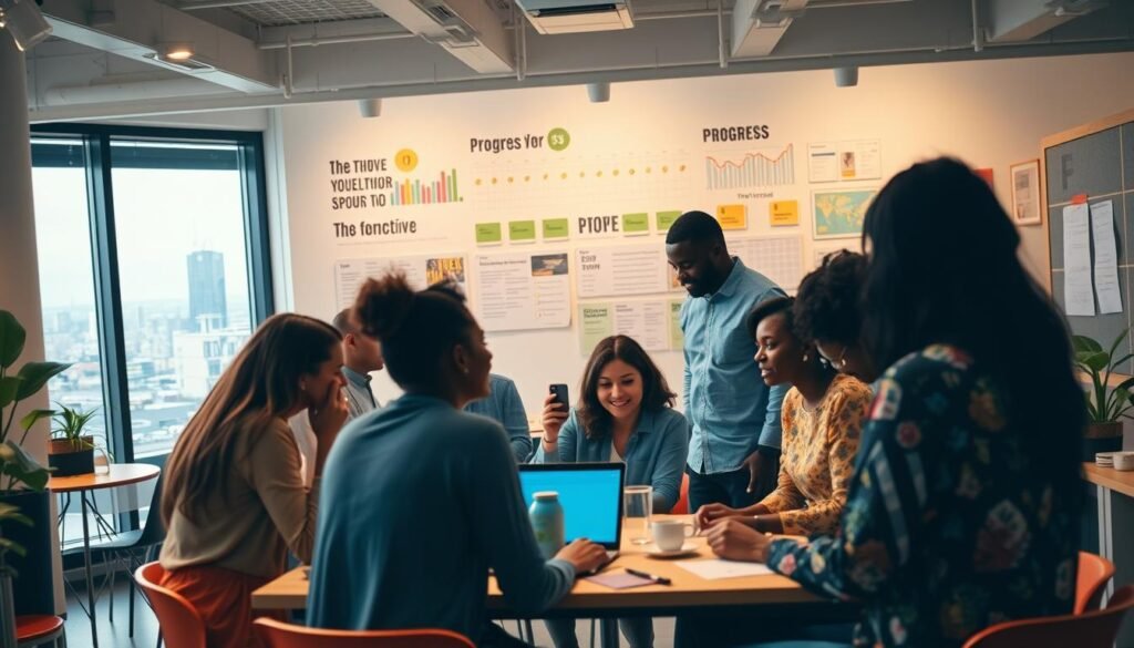 A vibrant and collaborative workspace, filled with diverse individuals engaged in lively discussions and supportive interactions. In the foreground, a group gathers around a table, exchanging ideas and offering constructive feedback. The middle ground showcases a wall adorned with inspirational quotes and progress charts, fostering a sense of shared accountability. In the background, a panoramic window overlooks a bustling city, symbolizing the broader societal context that informs and shapes these support systems. The lighting is warm and inviting, creating an atmosphere of trust and camaraderie. The camera angle captures the energy and dynamism of this collaborative environment, emphasizing the importance of community, shared goals, and mutual encouragement.