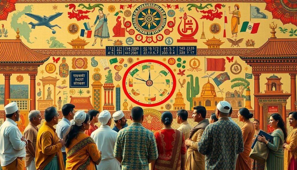 A vibrant cultural tapestry unfolds, where traditional motifs and symbols intertwine with modern financial instruments. In the foreground, a diverse group of individuals gathers, each representing a unique cultural heritage, engaged in thoughtful discussions about money management. The middle ground showcases a kaleidoscope of currencies, stock tickers, and financial data, reflecting the global interconnectedness of finance. In the background, a richly textured backdrop of historical artifacts, artwork, and architectural elements provides a sense of timeless wisdom. The lighting is warm and inviting, casting a serene glow that encourages contemplation of how our cultural roots shape our financial behaviors and decisions.