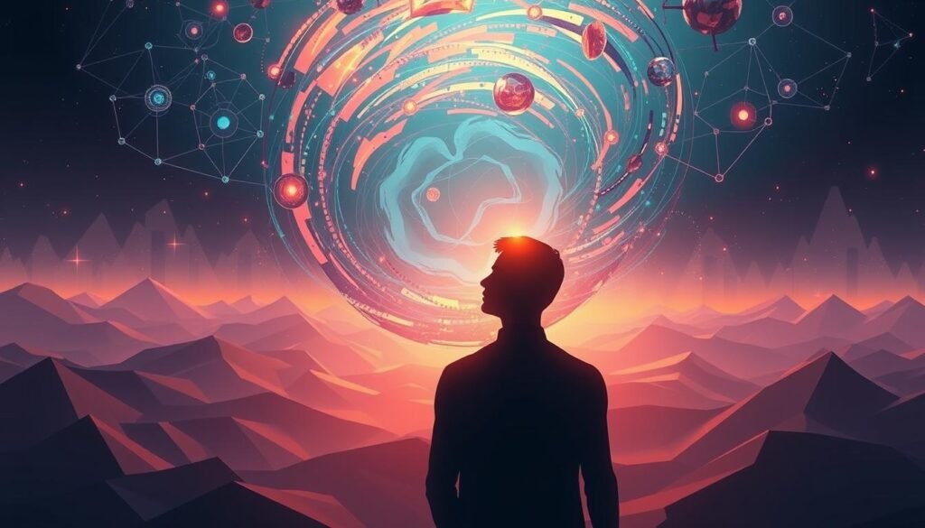 A vibrant digital illustration depicting the intricate relationship between conscious awareness, behavior patterns, and decision-making. In the foreground, a human figure stands in a thoughtful pose, their face illuminated by a warm, focused light, conveying a sense of deep contemplation. Surrounding them, a swirling vortex of abstract shapes and lines represents the dynamic interplay of cognitive processes, with pulses of energy radiating outward, symbolizing the flow of information and the emergence of conscious decisions. In the background, a metaphorical landscape unfolds, featuring geometric patterns and subtle gradients that evoke the underlying structures and neural networks that shape our behavioral tendencies and decision-making abilities. The overall composition strikes a balance between the individual's inner experience and the broader, systemic forces that influence our actions, creating a visually captivating representation of the key differences between intent and habit. A vibrant digital illustration depicting the intricate relationship between conscious awareness, behavior patterns, and decision-making. In the foreground, a human figure stands in a thoughtful pose, their face illuminated by a warm, focused light, conveying a sense of deep contemplation. Surrounding them, a swirling vortex of abstract shapes and lines represents the dynamic interplay of cognitive processes, with pulses of energy radiating outward, symbolizing the flow of information and the emergence of conscious decisions. In the background, a metaphorical landscape unfolds, featuring geometric patterns and subtle gradients that evoke the underlying structures and neural networks that shape our behavioral tendencies and decision-making abilities. The overall composition strikes a balance between the individual's inner experience and the broader, systemic forces that influence our actions, creating a visually captivating representation of the key differences between intent and habit.