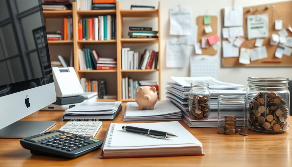 A well-lit desktop workspace with an array of financial planning tools and resources neatly organized. In the foreground, a desktop computer, a calculator, and a notepad with a pen resting on it. In the middle ground, stacks of financial documents, a piggy bank, and a jar filled with coins. In the background, bookshelves filled with personal finance books, a calendar, and a cork board with budget-related reminders pinned to it. The scene exudes a sense of order, focus, and intentionality, reflecting the mindful approach to managing one's finances. A well-lit desktop workspace with an array of financial planning tools and resources neatly organized. In the foreground, a desktop computer, a calculator, and a notepad with a pen resting on it. In the middle ground, stacks of financial documents, a piggy bank, and a jar filled with coins. In the background, bookshelves filled with personal finance books, a calendar, and a cork board with budget-related reminders pinned to it. The scene exudes a sense of order, focus, and intentionality, reflecting the mindful approach to managing one's finances.